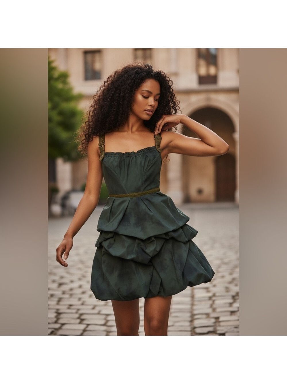 Current Mood Forest Along the Way Mini Dress Green Bubble Hem Buckle Strap